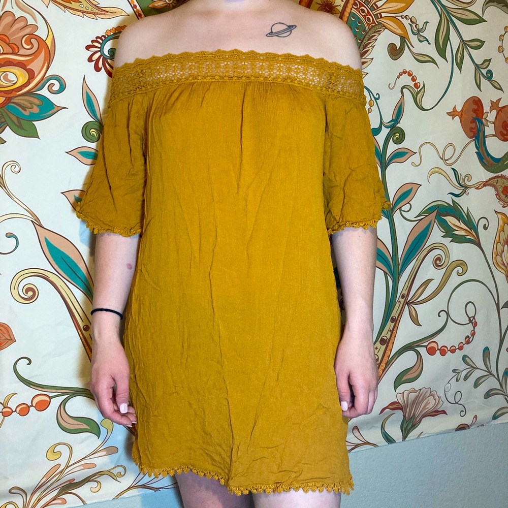 Forever21 mustard lace trim off the shoulder dress
